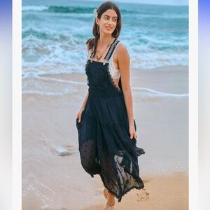 Black Lace-Trim Maxi Pinafore Dress - Women